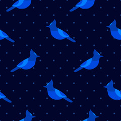 Seamless pattern in polka dot with blue jay. Ornament for textile and wrapping. Vector background.
