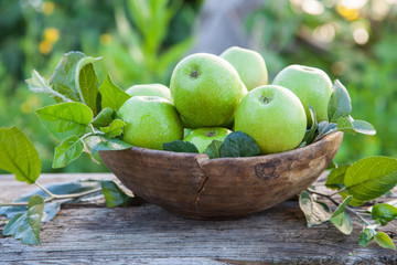 apples in an old wooden bowl on a wooden bench in a garden, selective focus, style a rustic