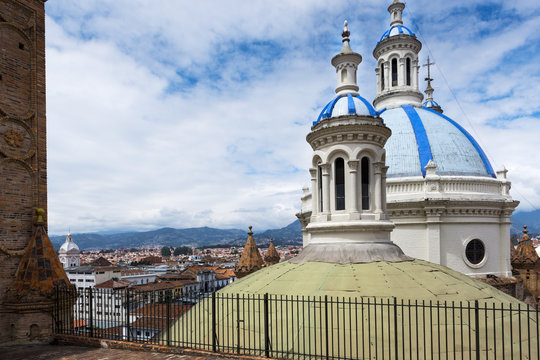 Detail of the blue domes of the Cathedral in Cuenca, Ecuador, South America