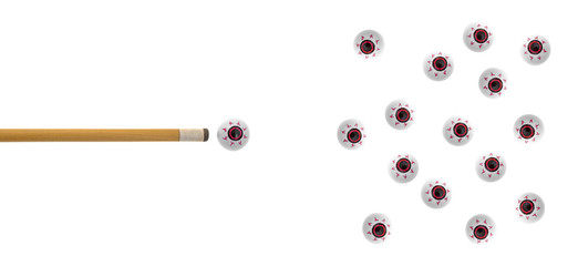 Toy eyeballs on a white background with pool cue aiming.