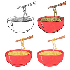 Bowl of noodles line sketch and colored versions
