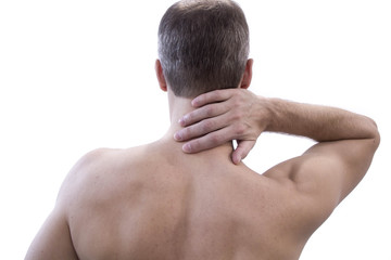 Pain in the neck. Man with backache. Muscular male body. Isolated on white background with red dot