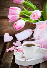 Coffee, hearts and tulips