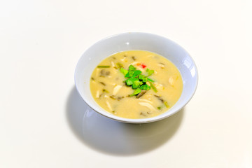 COCONUT MILK SOUP WITH CHICKEN (om kha kai) isolated on white background