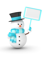 3d rendering of snowman holding a blank board over white