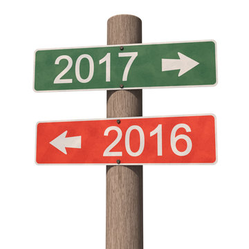 Wooden road signpost points to the New Year 2017 and the Old Year 2016. 3d illustration