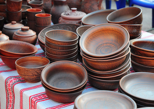 Traditional Ceramic Jugs. Handmade Ceramic Pottery with Ceramic Pots and Clay Plates.