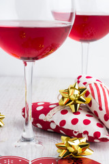 wine glasses and toys hearts close-up