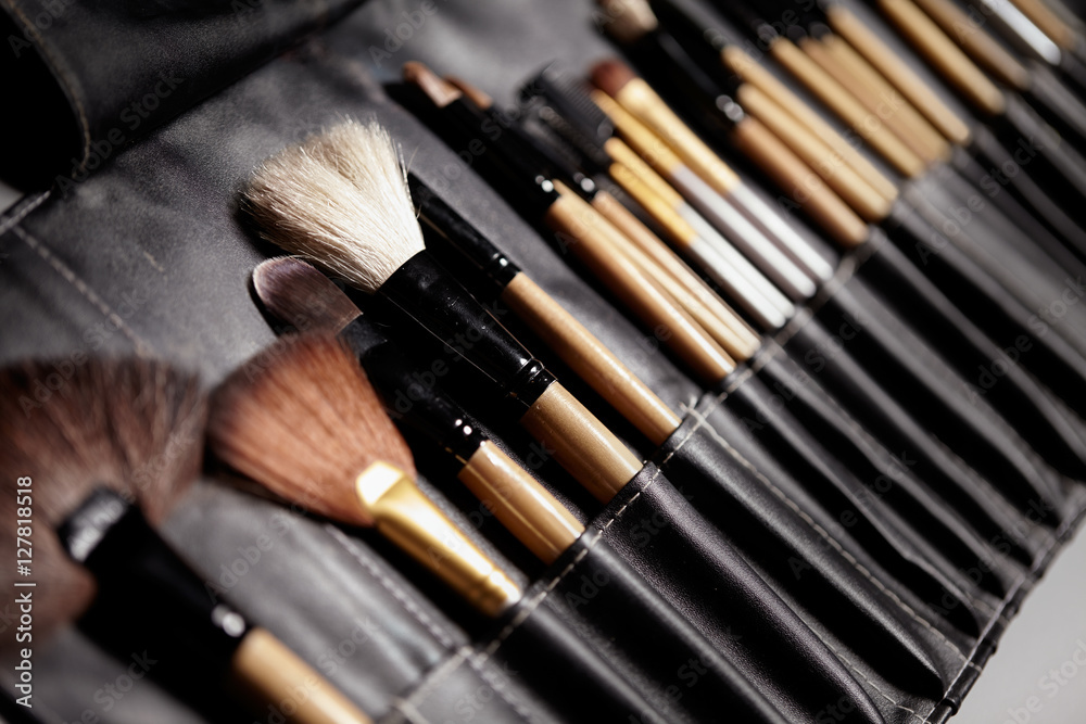 Wall mural set of make-up brushes in black makeup bag. beauty tools for professional visage. brushes for maskar