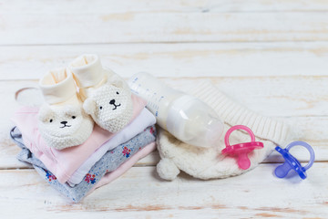 set of fashion trendy clothes and kids stuff for little baby girl