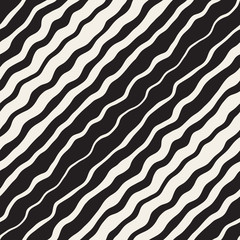 Vector Seamless Black and White Hand Drawn Diagonal Wavy Stripes Pattern