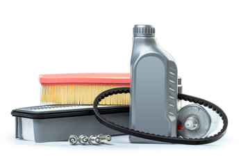 Car oil filters and motor oil can isolated on white