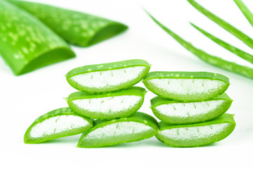Slice Aloe Vera (Aloe barbadensis Mill.,Star cactus, Aloe, Aloin, Jafferabad or Barbados) a very useful herbal medicine for skin care 