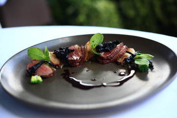 Duck breast with broccoli, buckwheat and black trumpet mushroom