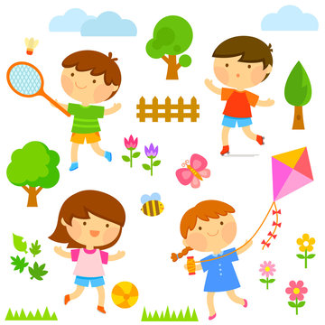 set of cute kids playing outdoors and elements of nature