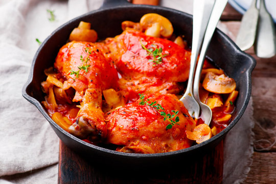 Marengo chicken in a frying pan. . selective focus