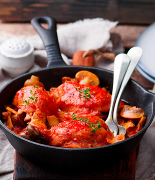 Marengo chicken in a frying pan. . selective focus