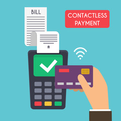 Contactless payment. Male hand holding credit card. Illustration