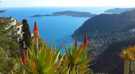 Beautiful view of the village of Eze, a botanical garden with cacti, aloe. Mediterranean, French...