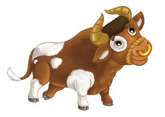 Cartoon happy farm animal - cheerful bull is running smiling and looking - artistic style - isolated - illustration for children