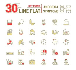 Vector set graphic logo, icon. Anorexy. Concept psychological disease. Vomitig, weight loss. Symptoms, disorder. Linear, flat, contour, thin. App, template, infographic. Symbol, element, emblem.