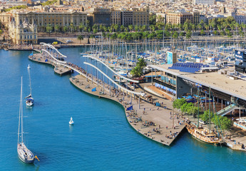 Barceloneta cruise port and public promenade from cable car