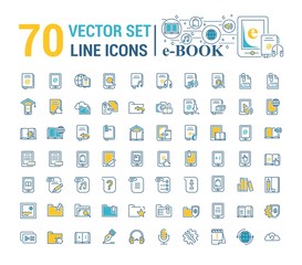 Vector graphic set.Logo, icon. E-book, pocket book. Linear, flat, contour, thin design. App, Template, infographic. Symbol, element, emblem, smart technologies. Modern gadget online library education.