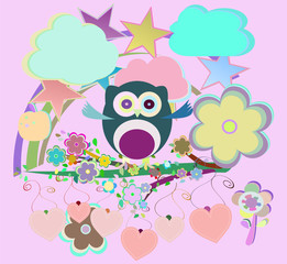 Fototapeta premium ?artoon set owls, birds, flowers, sky, cloud