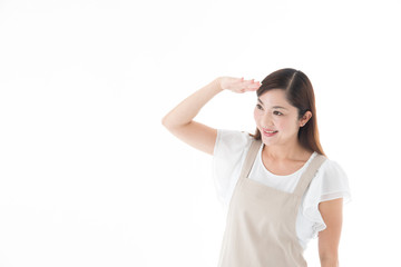 Fototapeta premium エプロン姿のミドル女性・白バック