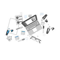 Office Workplace Desk Top Angle View Thin Line Vector Illustration