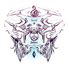 Very nice quadrocopter. Quadcopter - modern robot. Ideas for tattoos. Illustration for printing on T-shirts. Modern technology.