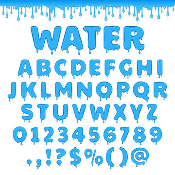 Fresh water latin alphabet, abc. Set of vector letters with splash of blue liquid or clear aqua. Numbers and symbols isolated on white background.