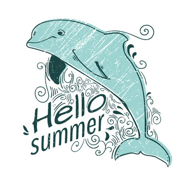 Cute background with a dolphin. Summer illustration. Hello summer. Sea style.