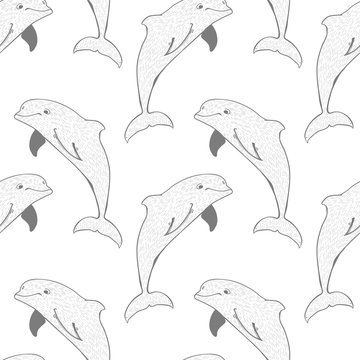 Dolphins on a white background. Seamless texture with dolphins. Repeated pattern.