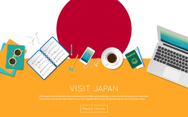Visit Japan concept for your web banner or print materials. Top view of a laptop, sunglasses and coffee cup on Japan national flag. Flat style travel planninng website header.