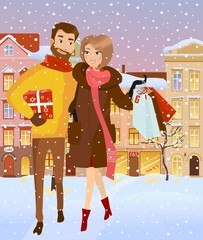 Family with sales at winter street. Vector