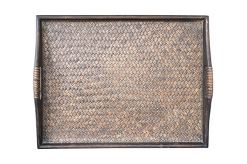 Detail of tray dark handmade bamboo weave texture isolated on wh
