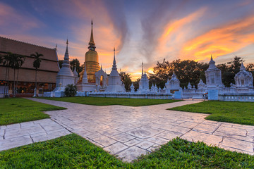 Beautiful sunset at Wat Suan Dok. Buddhist temple (Wat) in Chiang Mai, Northern of Thailand