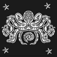 Octopus tattoo in Maori style on a black background. Vector illustration EPS10