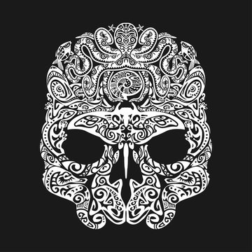 Skull tattoo in the style of Maori with marine life. Sea creatures