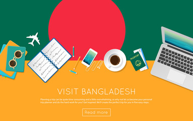 Visit Bangladesh concept for your web banner or print materials. Top view of a laptop, sunglasses and coffee cup on Bangladesh national flag. Flat style travel planninng website header.