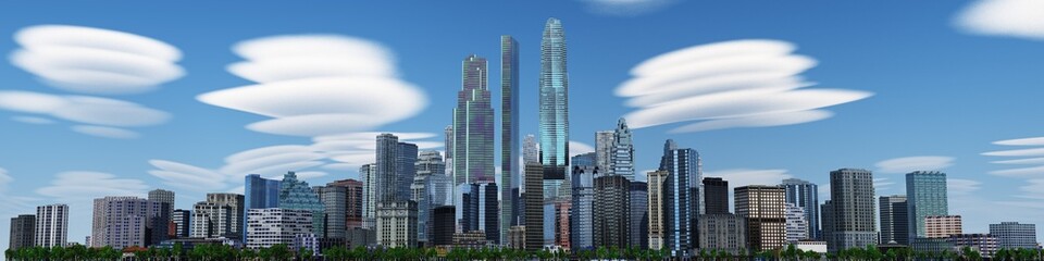 Fototapeta premium Panorama of the city in the clouds. City landscape. 