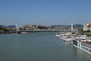 Fototapeta na wymiar Budapest skyline with hills, Royal Castle, Elizabeth bridge across the Danube river with cruise ships 