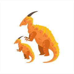 Parasaurolophus Dinosaur Prehistoric Monster Couple Of Similar Specimen Big And Small Cartoon Vector Illustration
