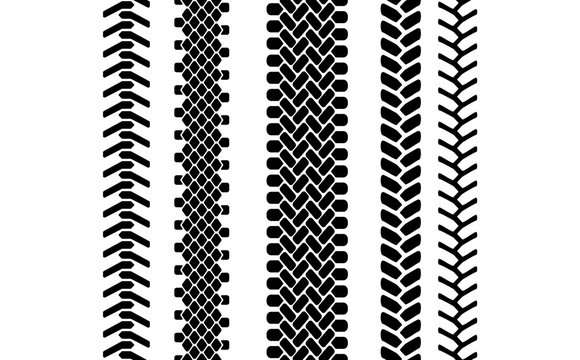 Black and white tire tread protector track seamless pattern, vector set