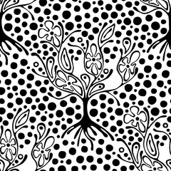 Seamless pattern, vector hand drawn repeating illustration, decorative ornamental stylized trees. Black and white astract seamles graphic illustration. Artistic drawing silhouette.