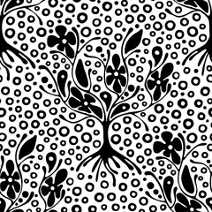 Seamless pattern, vector hand drawn repeating illustration, decorative ornamental stylized trees. Black and white astract seamles graphic illustration. Artistic drawing silhouette.