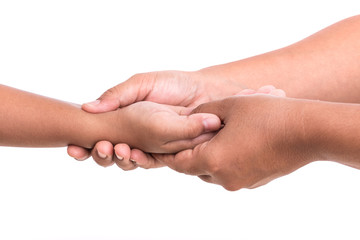 Woman's hand holding children's hand isolated on white backgroun