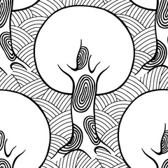 Seamless pattern, vector hand drawn repeating illustration, decorative ornamental stylized endless trees. Black and white abstract seamles graphic illustration. Artistic line drawing silhouette.