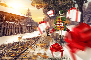 christmas elf and winter street with snow and leaves 